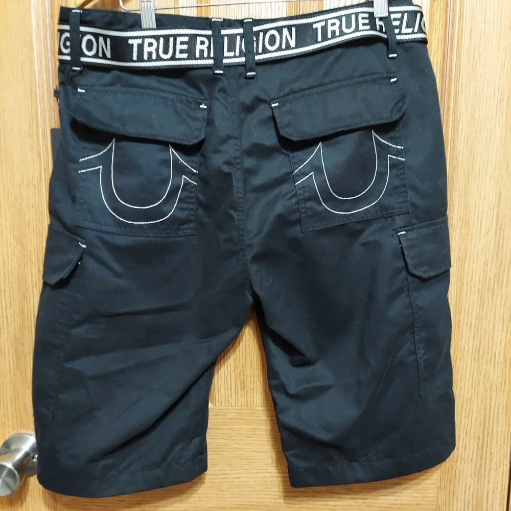 NWT True Religion Belted Logo Cargo Shorts Black 700378 Men's 11